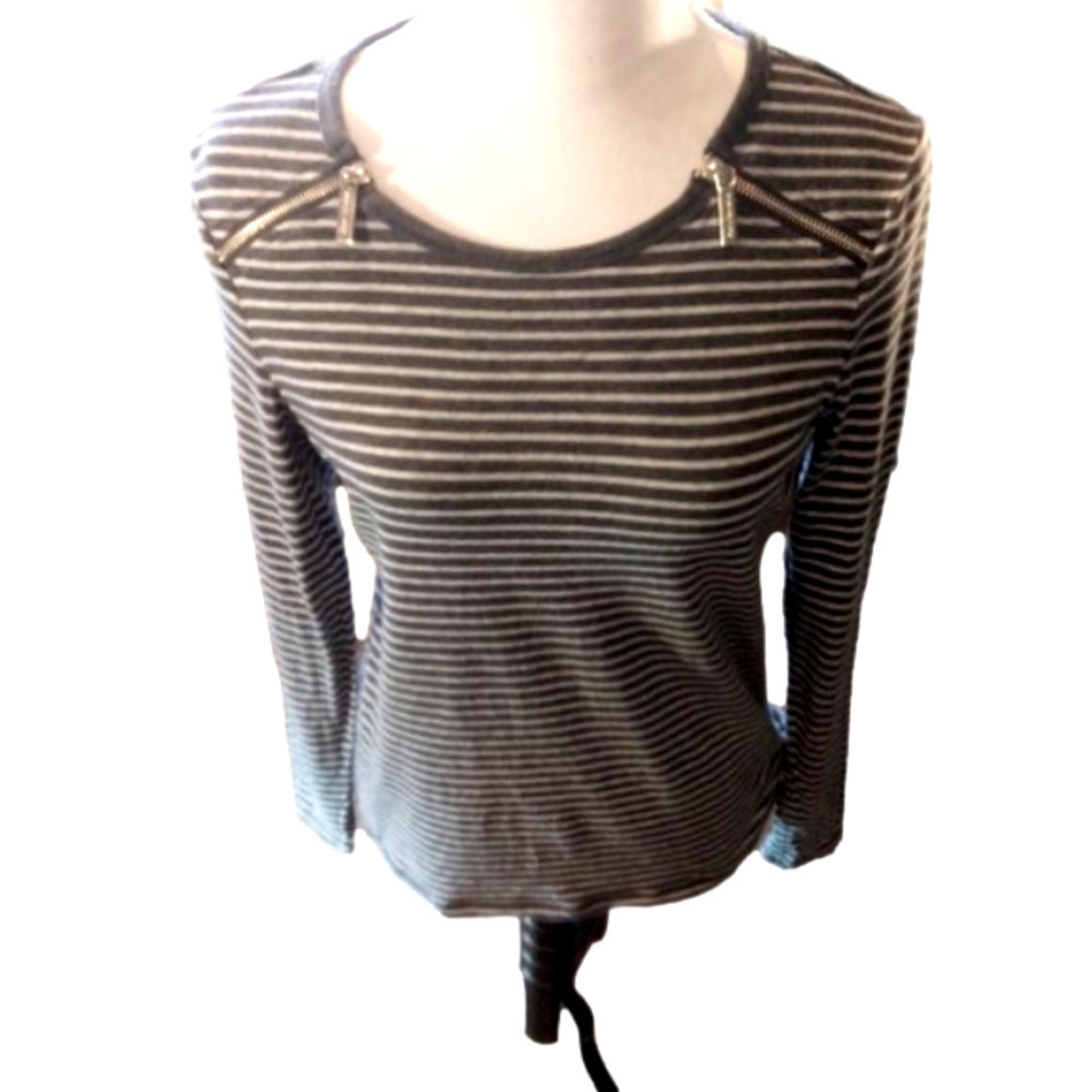 Michael Kors Gray Striped Twin Zip Neckline Long Sleeve Size Small